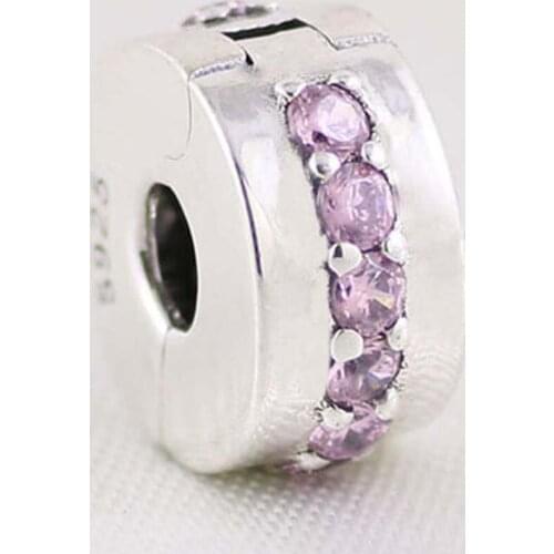 S925 Silver DIY Jewelry Shining Clips Stoppers Charm fit Lady Bracelets & Bangles Pave Crystals Pink CZ