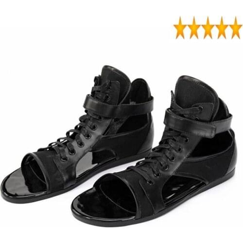Top Rome High Hollow Out Beach Men Real Leather Lace Up Open Toe Casual Outside Shoes Flats Gladiator Hook Loop Sandals