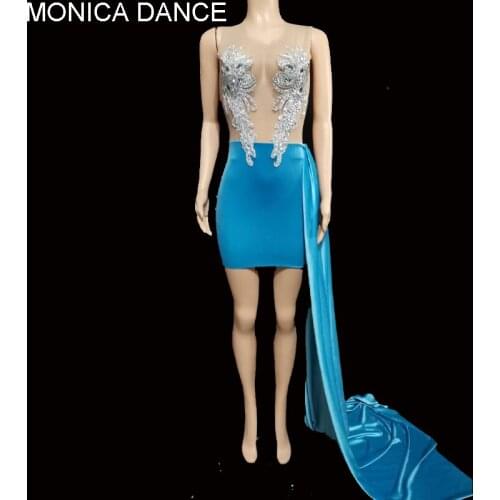 Sexy Sparkly Silver Stones Mesh Blue Velve Transparent Dress Birthday Celebrate Evening Party Train Dress Dancer Singer Costume