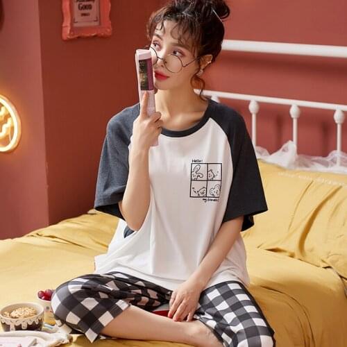 Spring Summer Womens Pajamas Sets Fahsion Patchwork Cotton Pajamas Cartoon Rabbit Kawaii Nightwear Oversized Female Sleepwear