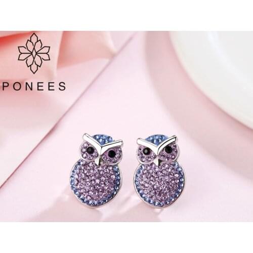 PONEES Classic Cute Owl Earrings Stud Purple Pave Crystal Stud Earrings For Women Fashion Brand Earrings Jewelry