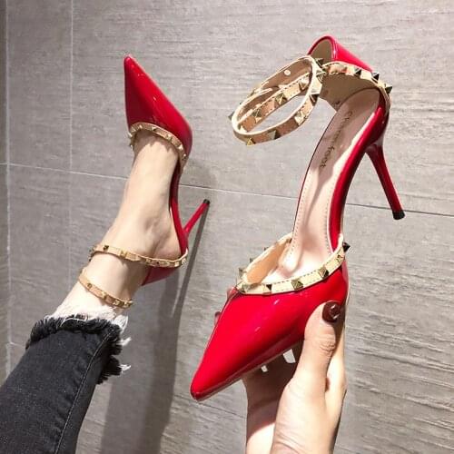 2021 New 8cm/6cm Pumps Fashion Rivet Ladies Pointed Shallow Mouth High Heel Single Shoes Womens Summer Style Sandals Gladiator