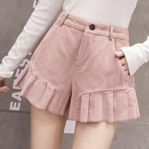 Womens Corduroy Shorts High Waist Ruffle Fringe Short Pants Wide Leg Casual