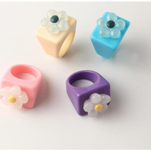 Women Resin Ring anillos Fashion Wide Flower Decor Finger Ring Joint Rings for Women Party Wedding Jewelry
