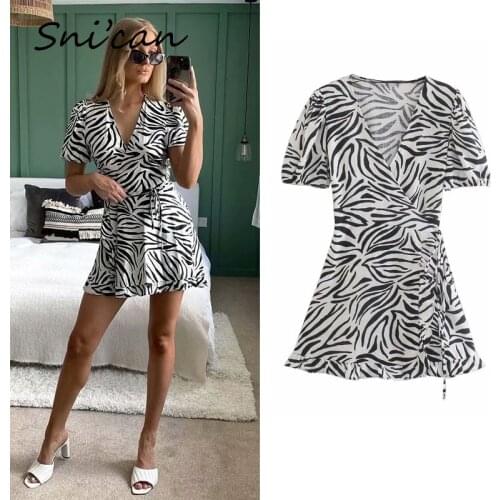 Black Zebra Print Dress Za 2021 Women V Neck Short Sleeve Office Ladies Sashes Vestidos Cortos Summer Vintage Sukienki Letnie