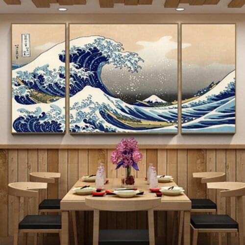 3 Panel Wave Kanagawa Canvas Paintings Japanese Style Traditional Classic Famous Posters Vintage Seascape Wall Picture Decor