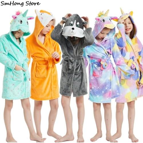 Boys Girls Hooded Bathrobe Kigurumi Unicorn Anime Cartoon Towel Beach Childrens Sleepwear Baby Kids Bath Robes Pyjamas Baby