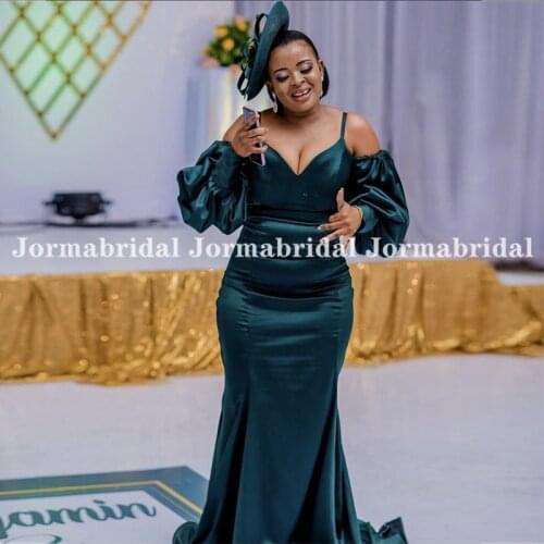 Dark Green Mermaid Bridesmaid Dresses With Detachable Long Puff Sleeves Shiny Satin Plus Size Maid Of Honor Dress Robe Longue