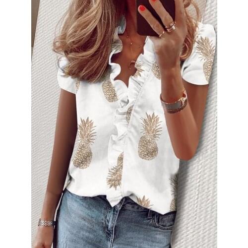2020 Women Fashion Elegant Casual XXL 3XL V Neck Ruffles Pineapple Print Blouse Print Short Sleeve Ruffles Casual Blouse