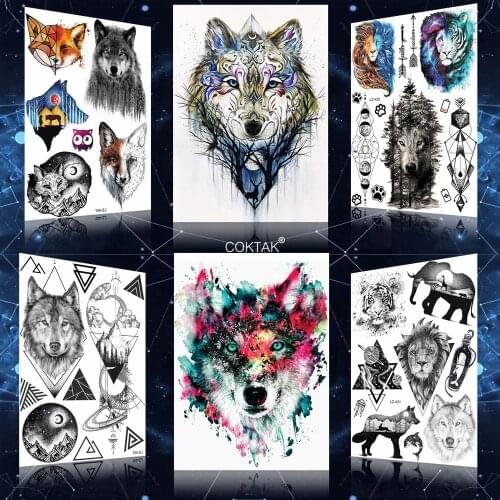 COKTAK Watercolor Wolf Forest Animal Fox Tattoos Temporary Women Body Arm Big Art Sticker Fake Tattoo Men Chest Party Tatoos