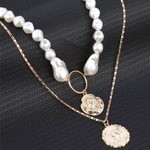 Kymyad Double Layer Choker Necklace For Women Simulated Pearl Jewelry Necklaces Round Coins Pendant Necklaces Bijoux Femme