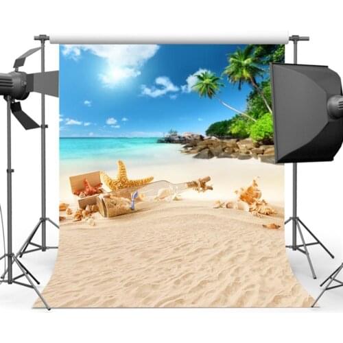 Summer Sandy Beach Background for Photography Blue Sky Sea Starfish Shell Conch Cocount Tree children back drops for photo video