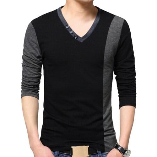 TFETTERS Brand Casual Mens T-shirts Long Sleeve Patchwork Cotton Slim Fit V Neck T Shirts for Men Oversized T Shirt 2020 M-5XL