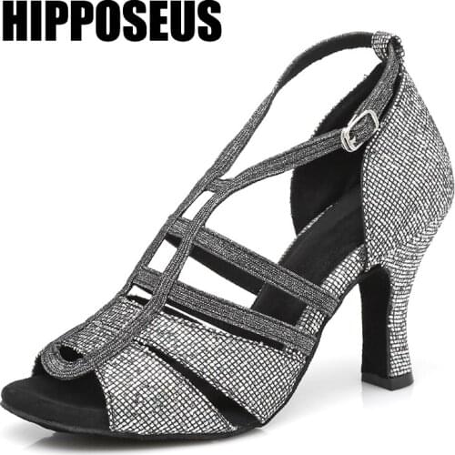 HIPPOSEUS Girls Dance-Shoes For Women Ladies Latin Dance Shoes Ballroom Modern Tango Jazz Dancing Shoes Gray Heels Salsa Sandals