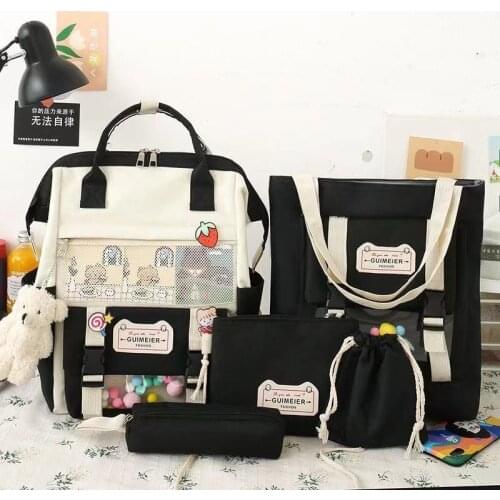 2021 Preppy Style 5Pcs/Set Canvas Women Backpacks School Bags for Teenage Girls Cute Bookbags Students Travel Laptop Backpack