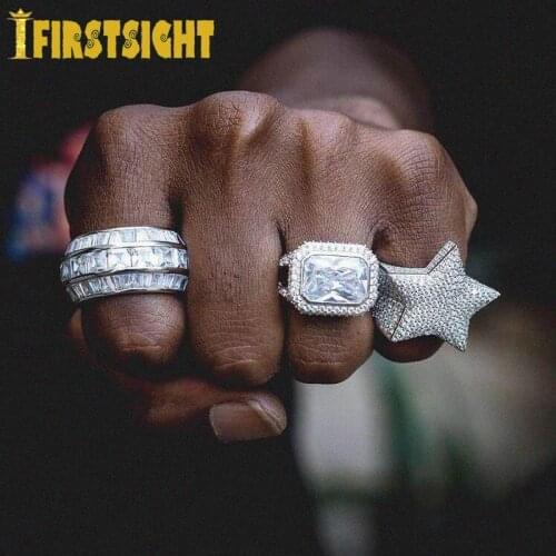 New Big Gold Silver Color Baguette Zircon Rings Iced Out 3 Layer Baguette Band Cubic Zirconia Fashion Mens Rings Hip Hop Jewelry