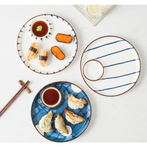 Japanese style Creative ceramic plate hand-painted round dumpling plate household food plate sushi plate grid dinner plates