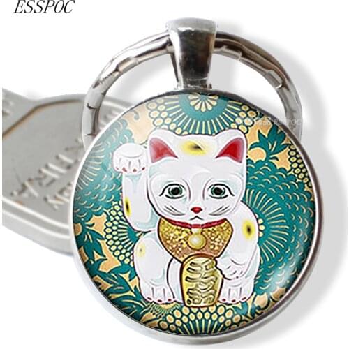 Fashion Accessories Maneki Neko Teal Lucky Cat Keychain Key Rings Glass Dome Cabochon Keyring Lucky Cat Symbols Pendant Jewelry