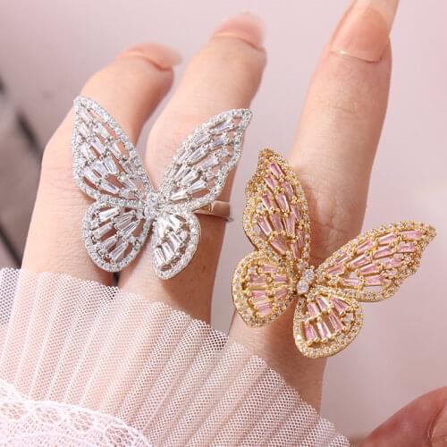 Shiny Side New Fashion Brand Jewelry Zirconia Butterfly Engagement Rings for Women Gift Adjustable Open Wedding Rings
