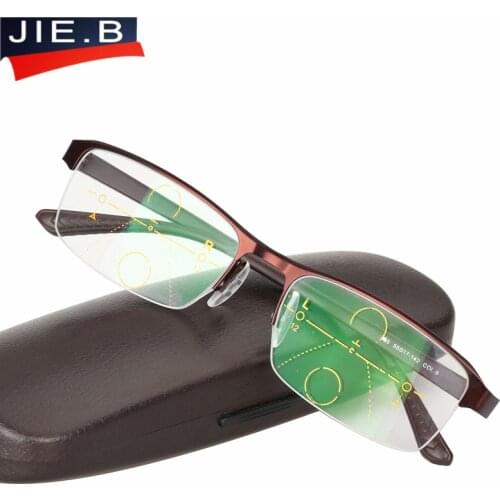 JIE.B Titanium Alloy Eyeglasses Asymptotically Progressive Reading Glasses Men Half Rim Presbyopia Hyperopia Multifocal Glasses