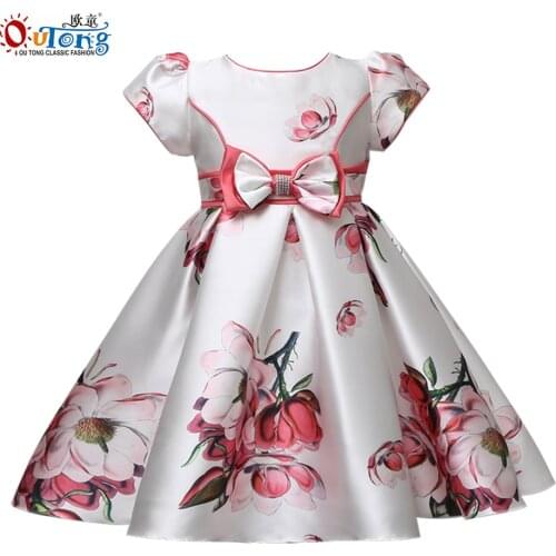 Outong Flower Girls Dress Kids Clothes Girls Waist Bow Decoration Flower Print Casual Clothing Summer Dresses For 3 10 Years Old