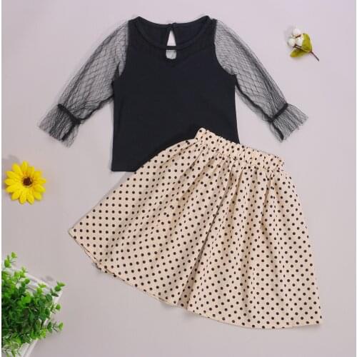Infant Baby Girls Casual Outfits Solid Mesh Long Sleeve Lace Pullover + Dot Print A-line Skirt Autumn Fashion Toddler Clothes