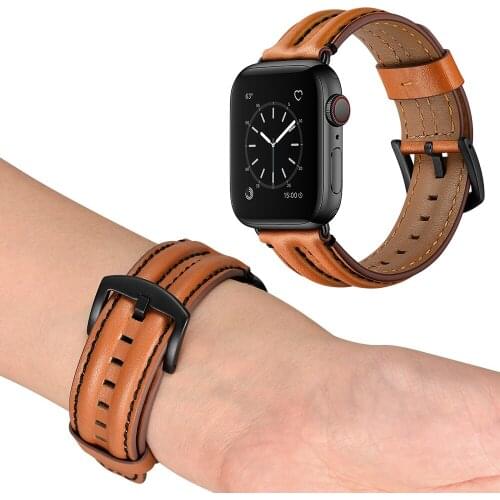 Strap for Apple Watch Band 44 mm 40mm 42mm 38mm Double keel Genuine Leather belt bracelet for iWatch series 6 SE 5 4 3 42 mm