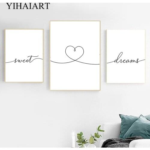 Nordic Minimalist Wall Art Painting Black White Sweet Dream Canvas Poster Modern Heart Quotes Print Besroom Decorative Picture