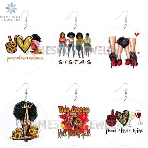 SOMESOOR Peace Love Melanin Sister African Wooden Drop Earrings Afro Curly Queen Natural Hair Printed Dangle Jewelry For Women