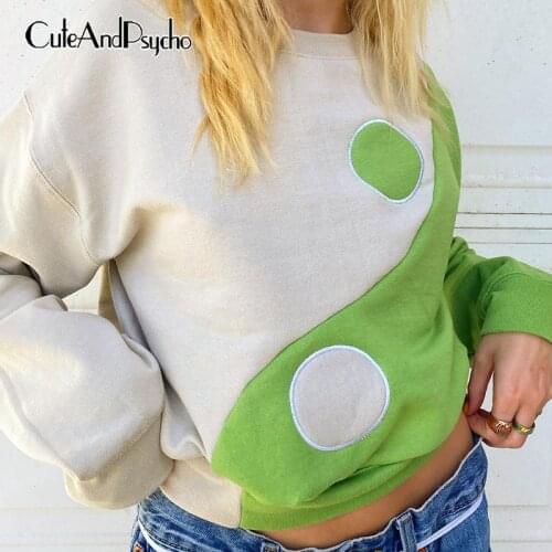 Chinese Style Fashion Women Sweatshirts Autumn Casual Loose Tops Patchwork Vintage 90s Fashion Outfits Streetwear Cuteandpsycho