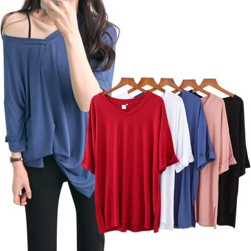 LOOSE V-NECK HALF-SLEEVED T-SHIRT FEMALE KOREAN VERSION OF THE LARGE SIZE WAS THIN MID-LENGTH TOP MODAL FAT MM SHORT-SLEEVED BOT