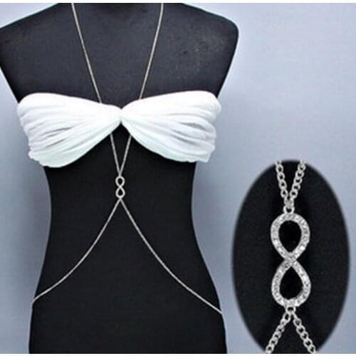 Vintage Silver Body Jewelry Crystal Infinity Belly Waist Chain Beach Harness Collar Chain Necklace For Woman Gifts 6PCS M86