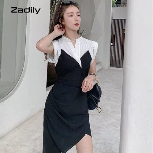 Zadily Office Lady Patchwork Sleeveless Shirt Dress Women High Waist Asymmetrical Ladies Work Dress 2021 Summer Female Clothing