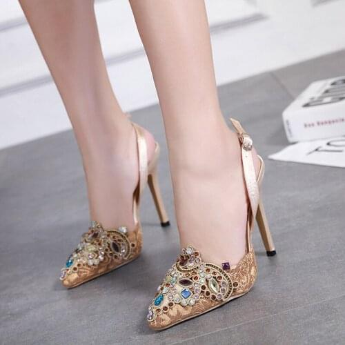 2019 women party sandals casual fashion shoes pumps crystal classics shallow back strap elastic band diamond woman back strap