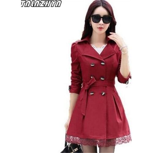 TNLNZHYN Trench Coat Female 2019 Spring Autumn Women Han edition Leisure Double-breasted Coat Big yards Lace Medium long Coat