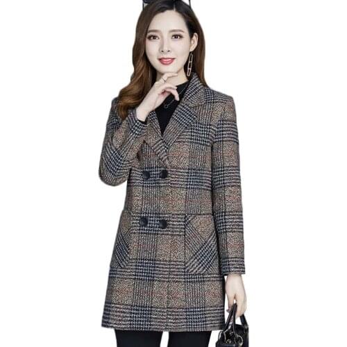 Middle-aged Women Coat Autumn Winter Jacket New Fashion Plaid Woolen Coat Plus Size XL-5XL Mid-Long Outerwear Women Basic Coat