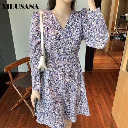 XIBUSANA 2020 autumn new vintage Bandage Floral Print dress womens long sleeve zippers V-Neck Receive high waist dresses female