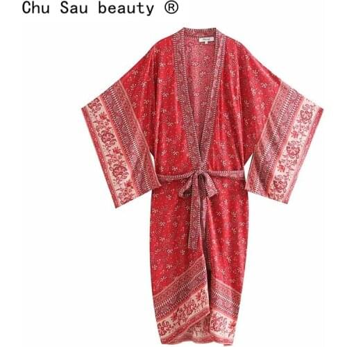 2021 Spring Summer New Fashion Vintage Womens Flower Positioning Printed Loose Waist Tie Long Cardigan Boho Kimono