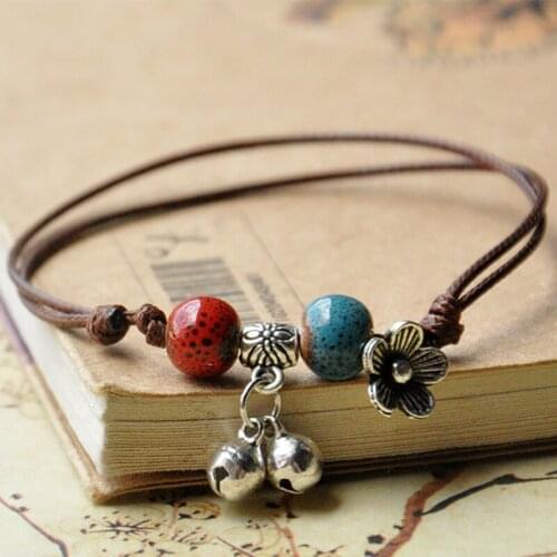10 piece/lot Women Anklet Ceramic Beads Bracelets Silver Bell Flower Charm Weave Rope Chain Wristbands Cuff Bangles Jewelry