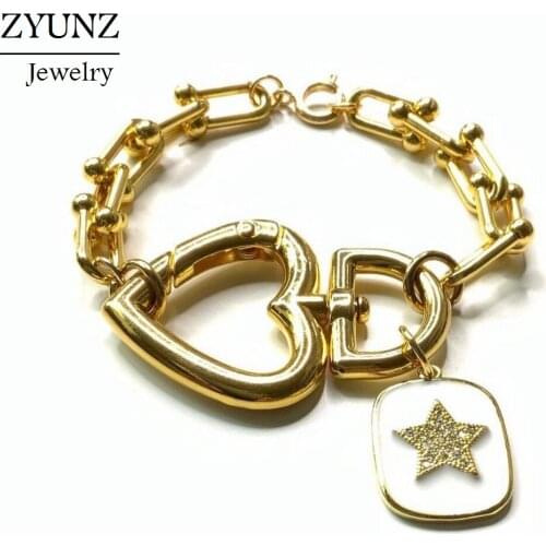 5PCS, Link U shape Geometric Chain Heart Star Charms Bracelet Women Chain Gold Color Link chain bracelet