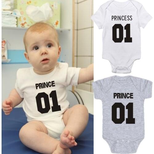 Prince Princess 01 Newborn Baby Bodysuit Boy Girl Short Sleeves Cotton Baby Body Suit Twins Clothes Crewneck Tops Jumpsuit