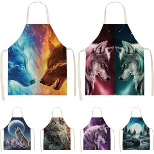 1Pcs Wolf Night Pattern Cleaning Art Aprons Home Cooking Kitchen Apron Cook Wear Cotton Linen Adult Bibs 53*65cm WQ0177
