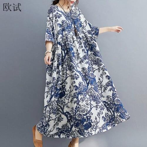 Oversized Floral Cotton Linen Summer Dress Vintage Ladies Dresses for Women 4XL 5XL 6XL Robe Oversize Flower Long Dress 2021