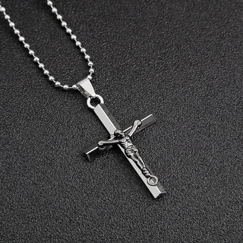 Gothic Jesus Metal Cross Necklace Punk Style Men Cross Pendant Catholic Crucifix Jewelry Accessories Unisex Bead Chain Trendy