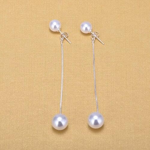 Fashion Wild 925 Sterling Silver Long Double Simulated Pearl Women Stud Earrings Beautiful Jewelry