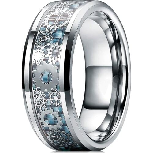 Vintage Mens Steampunk Gear Wheel Stainless Steel Ring Celtic Dragon Inlay Light Blue Carbon Fiber Ring Gothic Mens Wedding Band