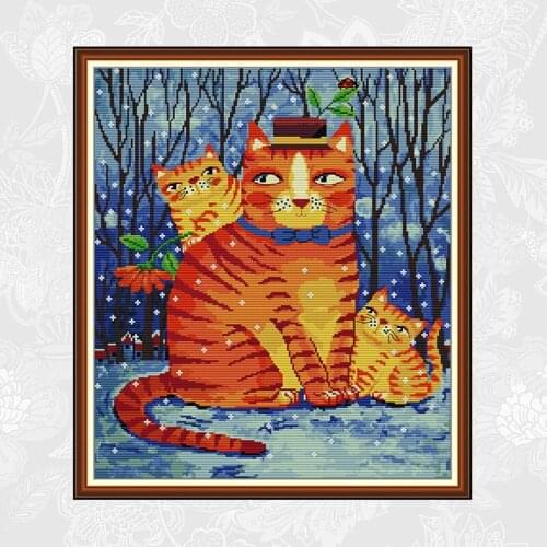 Watercolor Cat in Winter Cross Stitch Kits Aida Fabric 14CT 11CT Printed Canvas DIY Handmade Embroidery Sets Needlework Crafts