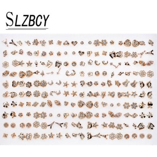 100 pairs/set Heart Flower Rhinestone Stud Earrings Sets For Women Girl Gold Color Geometric Acrylic Small Earring Party Jewelry