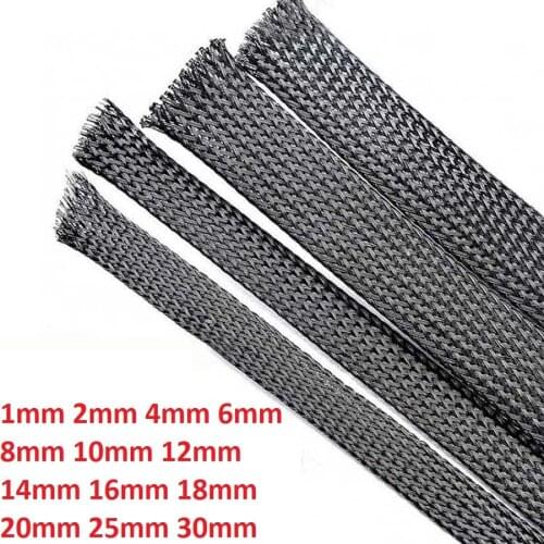1mm 2mm 4mm 6mm 8mm 10mm 12mm 14mm 16mm 18/20/25mm 30mm Black Braided Cable Sleeving Expandable Wire Harness Auto Sheathing PET