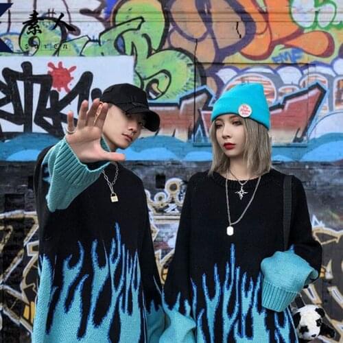 Korean loose lovers flame I men and women hip hop high street round neck Pullover yuansuo retro wholesale album